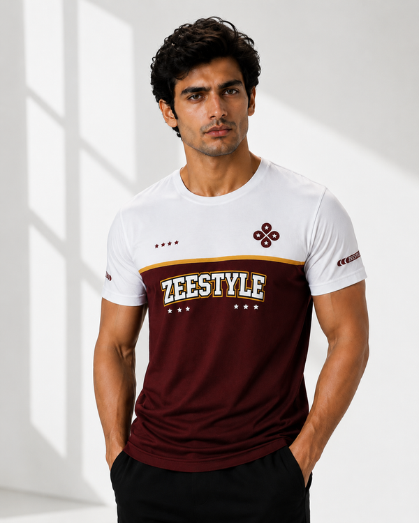 ZEESTYLE MotionFlex Premium Tee – White / Maroon