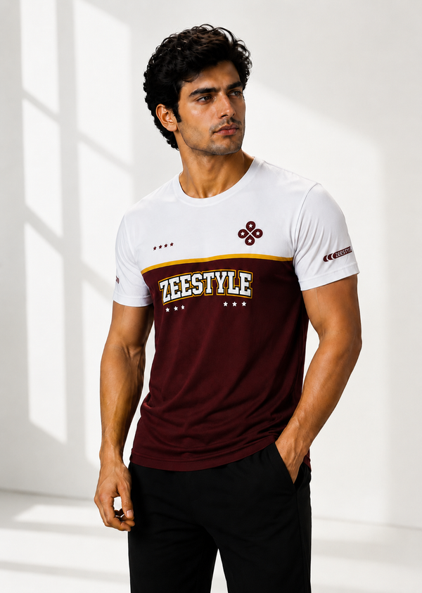 ZEESTYLE MotionFlex Premium Tee – White / Maroon