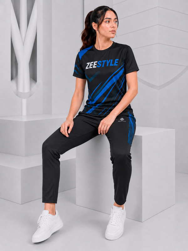 ZEESTYLE Electric Blue Performance Summer Tracksuit Black/Blue – Women's